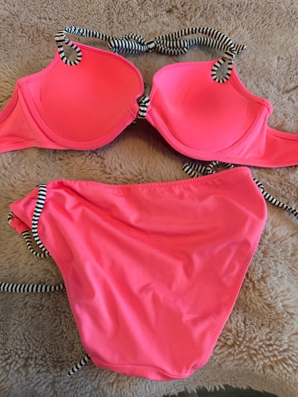 Victoria's Secret Neon Pink Push-Up Bikini with Black & White Stripe Ties - Picture 5 of 5